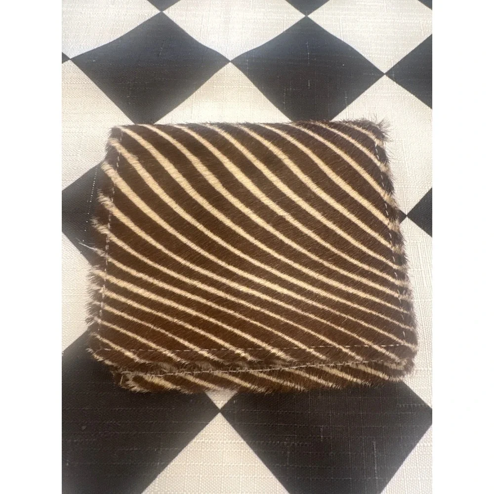 Zebra Print Calf Hair Bifold Wallet Brown Cream Animal Hide Card Case ID Window